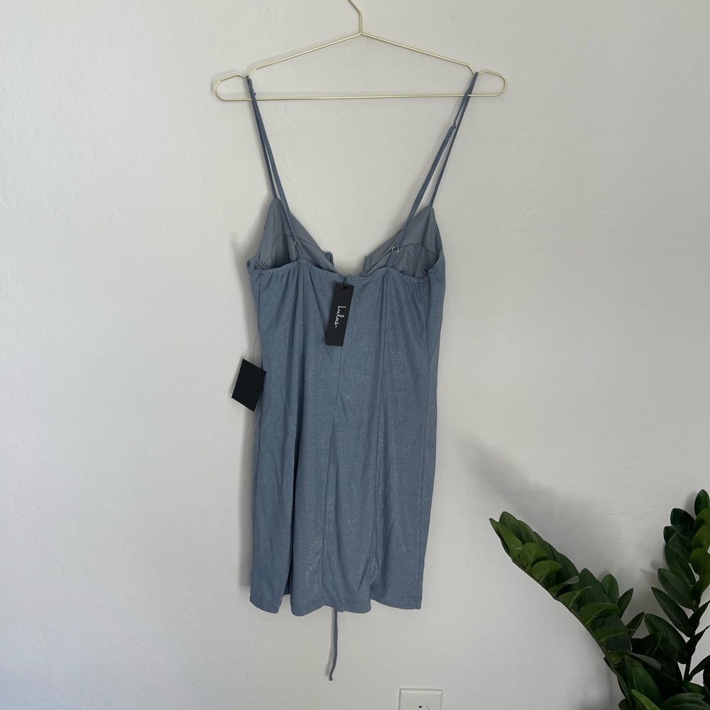 LULU’S Fantastic Figure Shiny Light Blue Tie-Back Bodycon Mini Dress Sz XL NWT - Picture 6 of 9